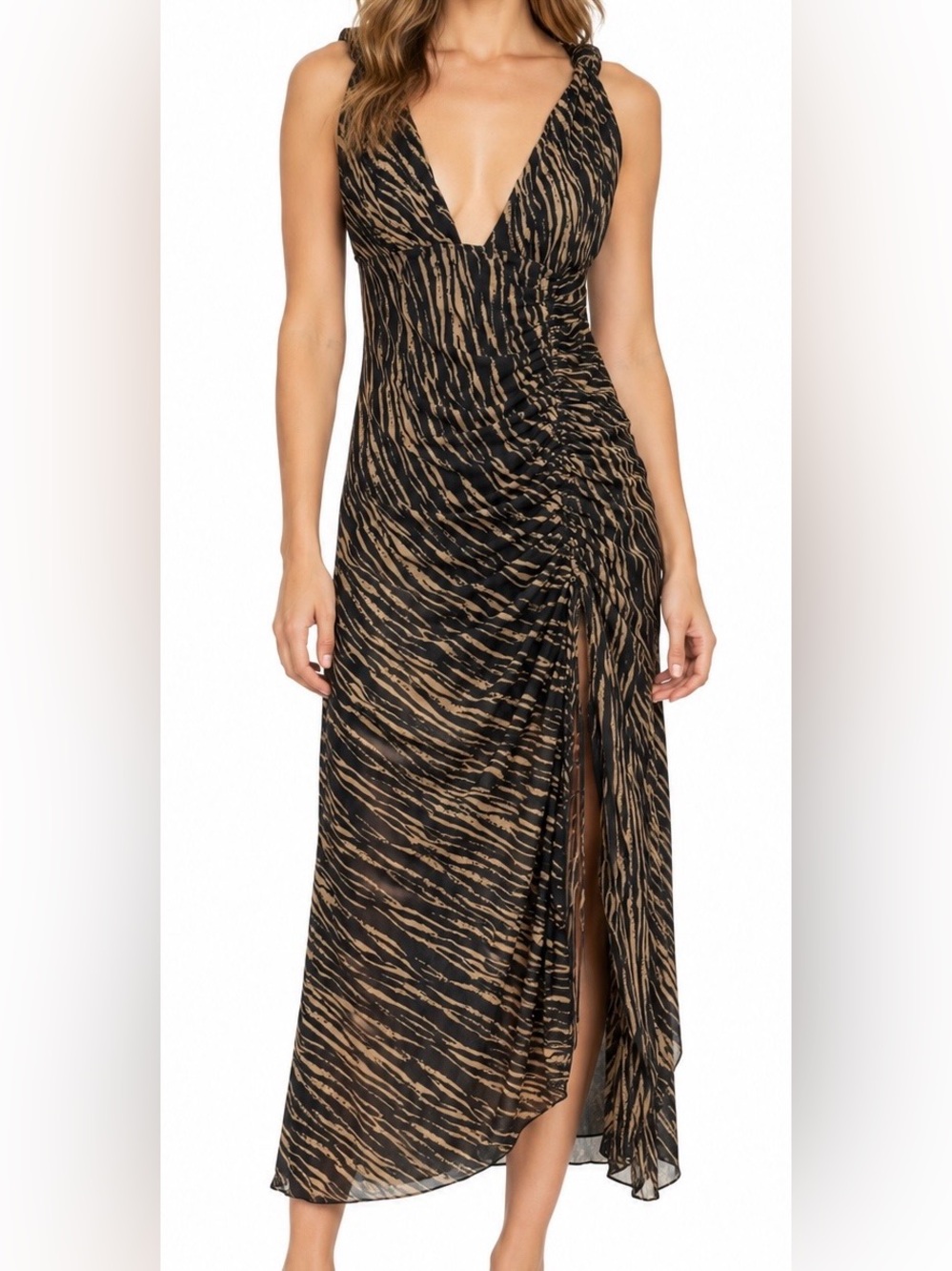 Free People Zahara Zebra Chiffon Ruched Midi Dress Black Tan Medium